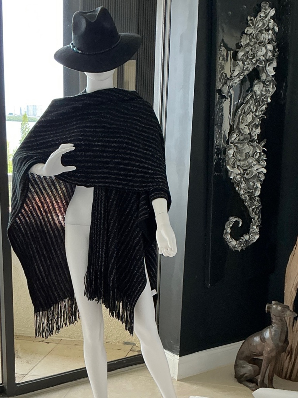 Black Fringe Knit Poncho with Subtle Metallic Stripe